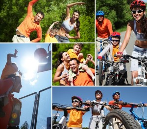 Collage of happy family at leisure in summer